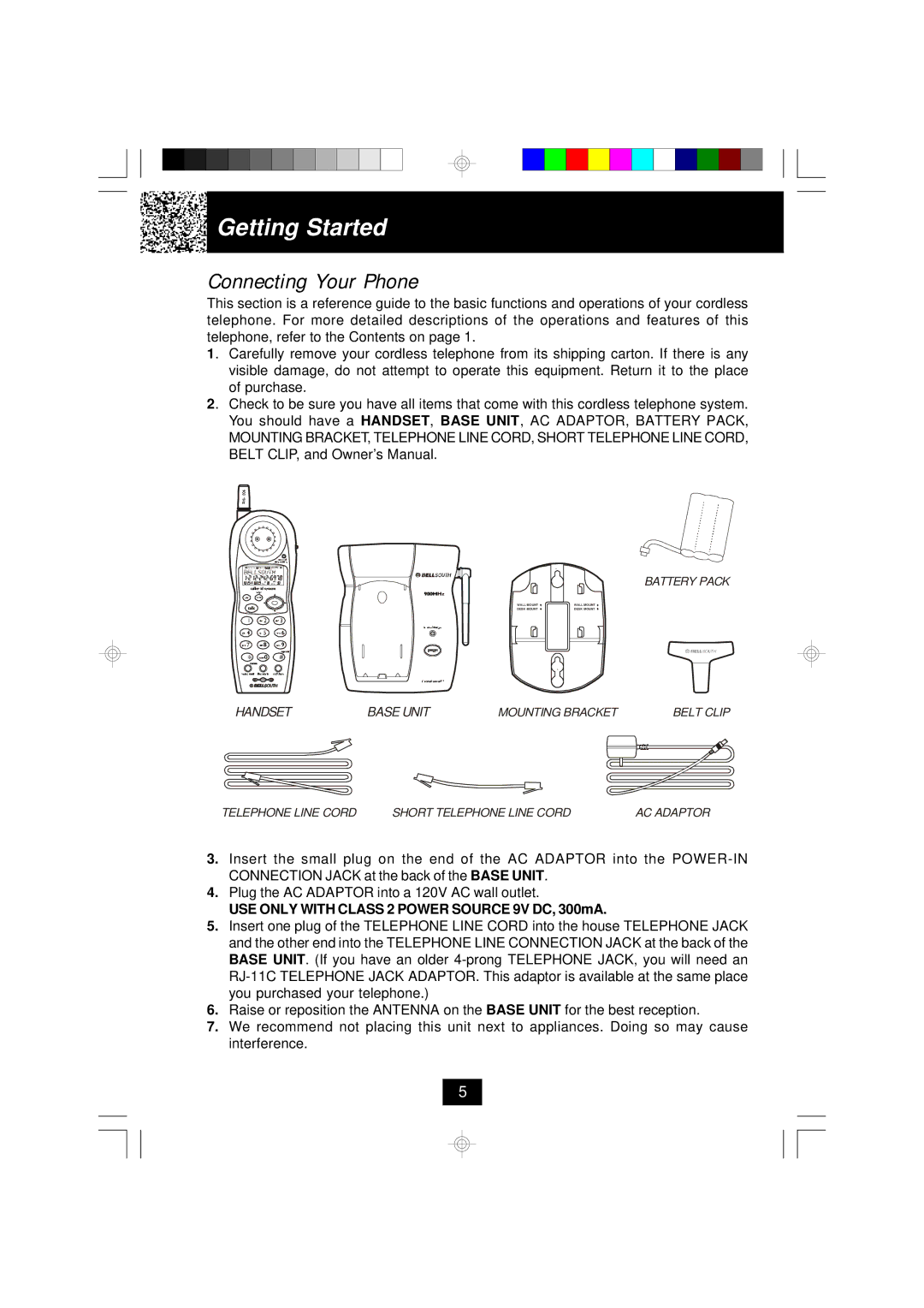 BellSouth MH9915 owner manual Getting Started, Connecting Your Phone, USE only with Class 2 Power Source 9V DC, 300mA 