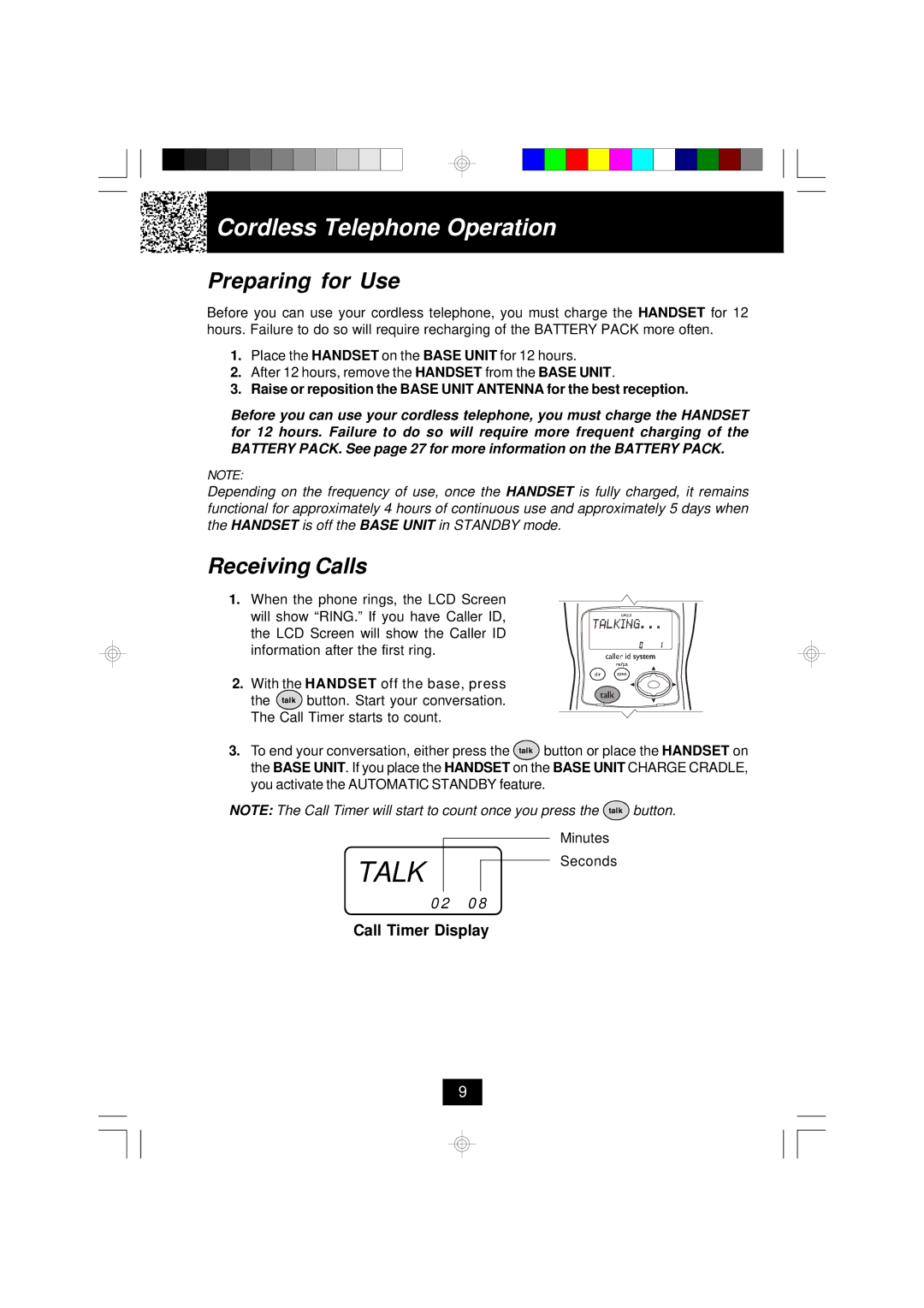 BellSouth MH9915 owner manual Cordless Telephone Operation, Preparing for Use, Receiving Calls 