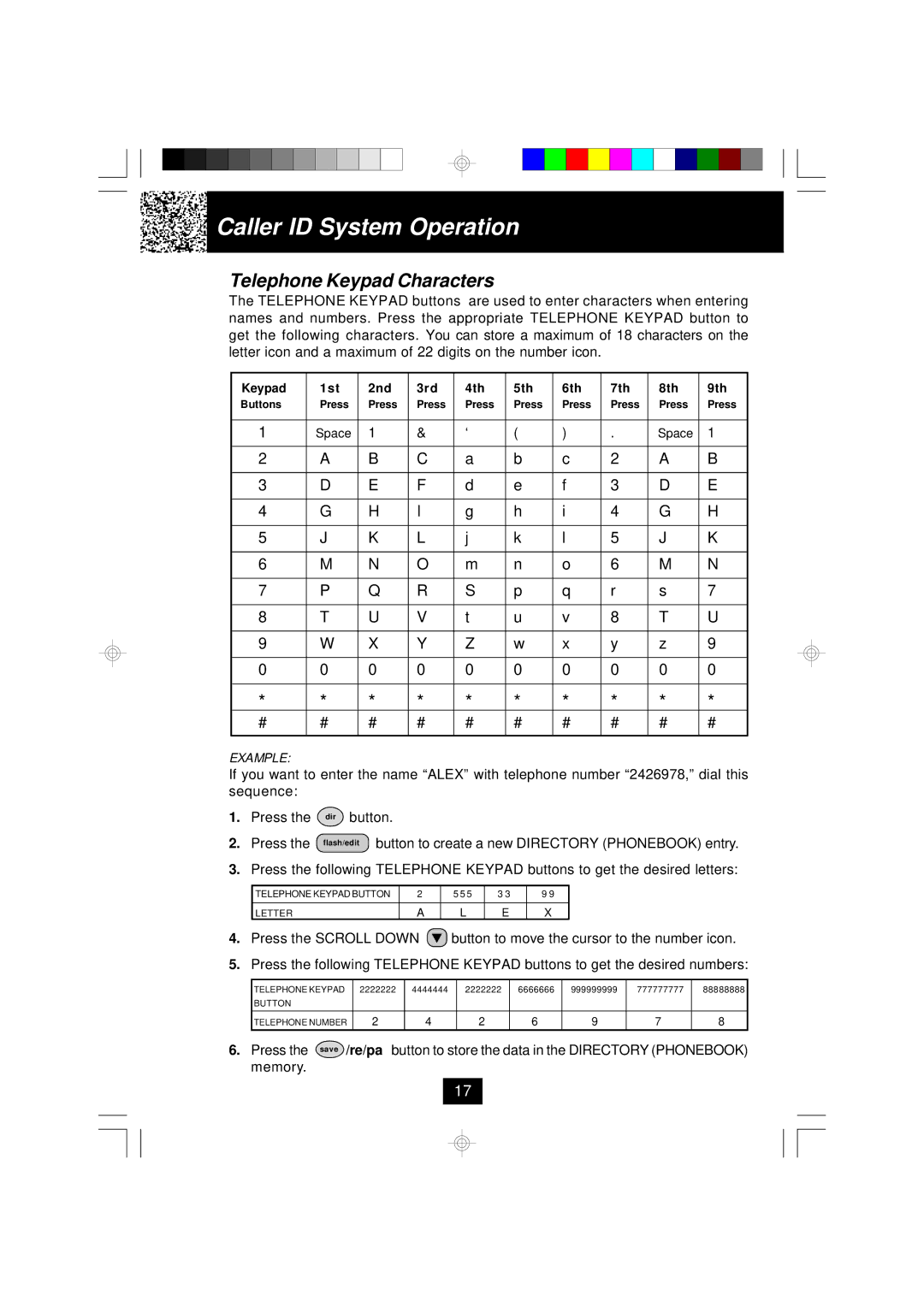 BellSouth MH9915 owner manual Telephone Keypad Characters, Example 