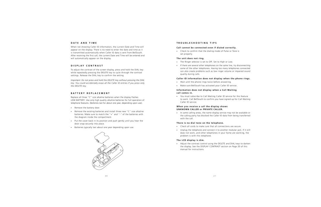 BellSouth PID99 T E a N D T I M E, S P L a Y C O N T R a S T, T T E R Y R E P L a C E M E N T, Troubleshooting T I P S 