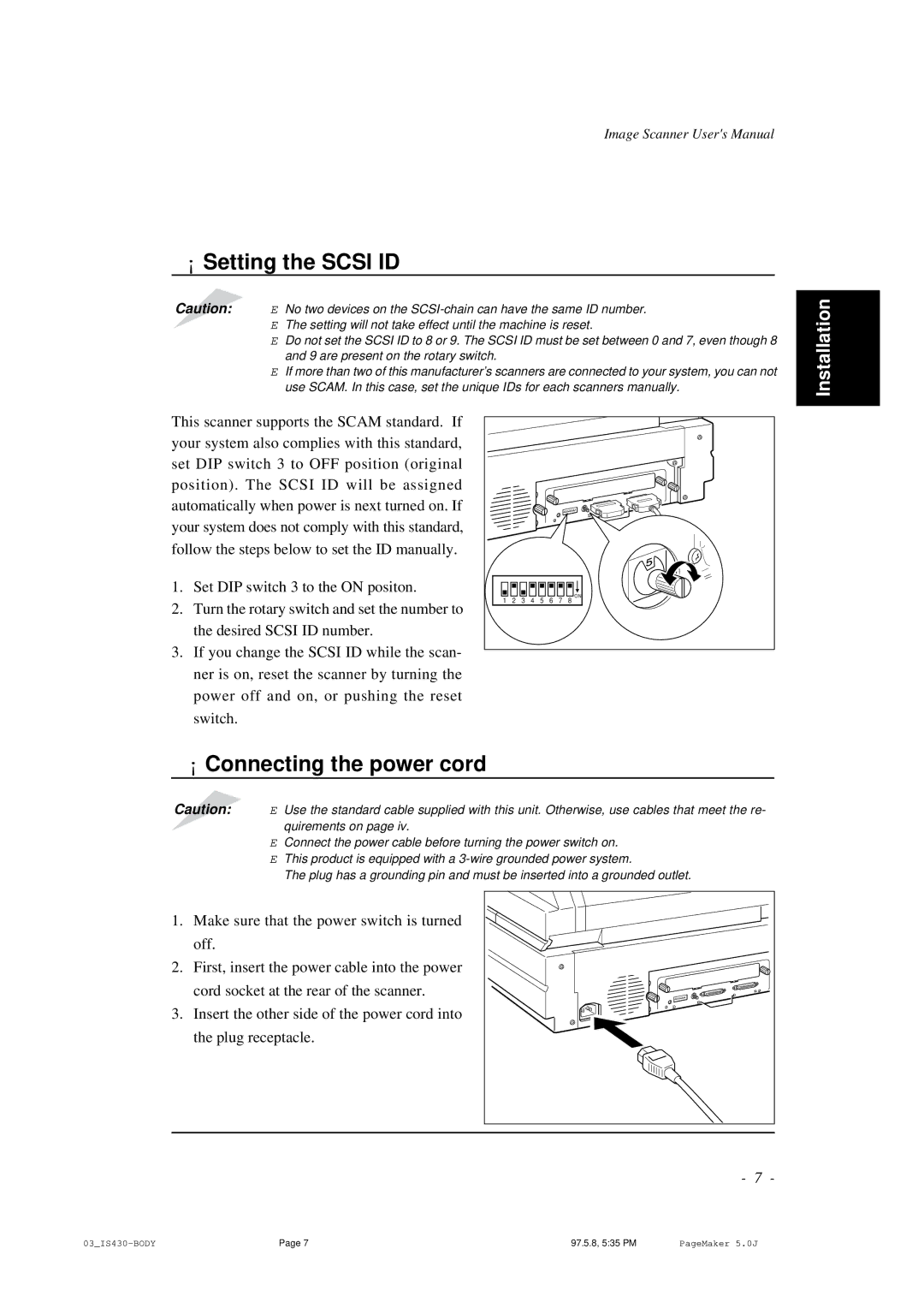 BellSouth S02294A user manual ¡ Setting the Scsi ID, ¡ Connecting the power cord 