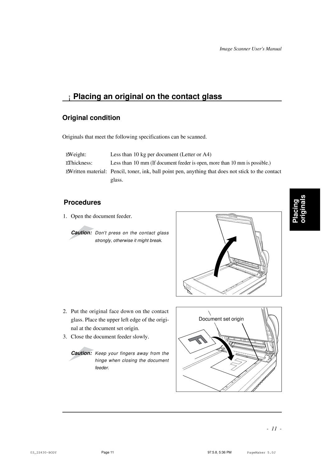 BellSouth S02294A user manual ¡ Placing an original on the contact glass, Original condition 