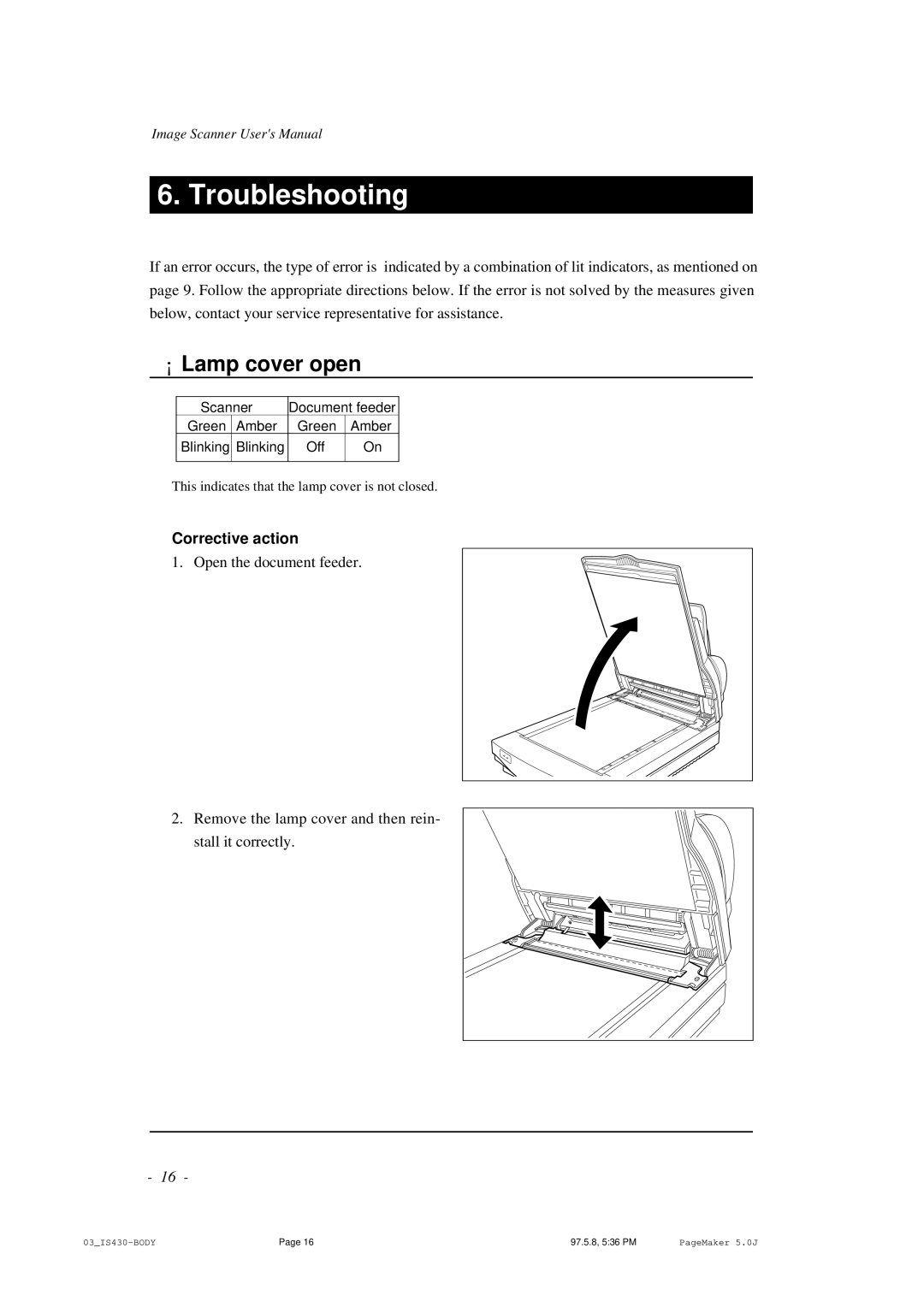 BellSouth S02294A user manual Troubleshooting, ¡ Lamp cover open, Corrective action 