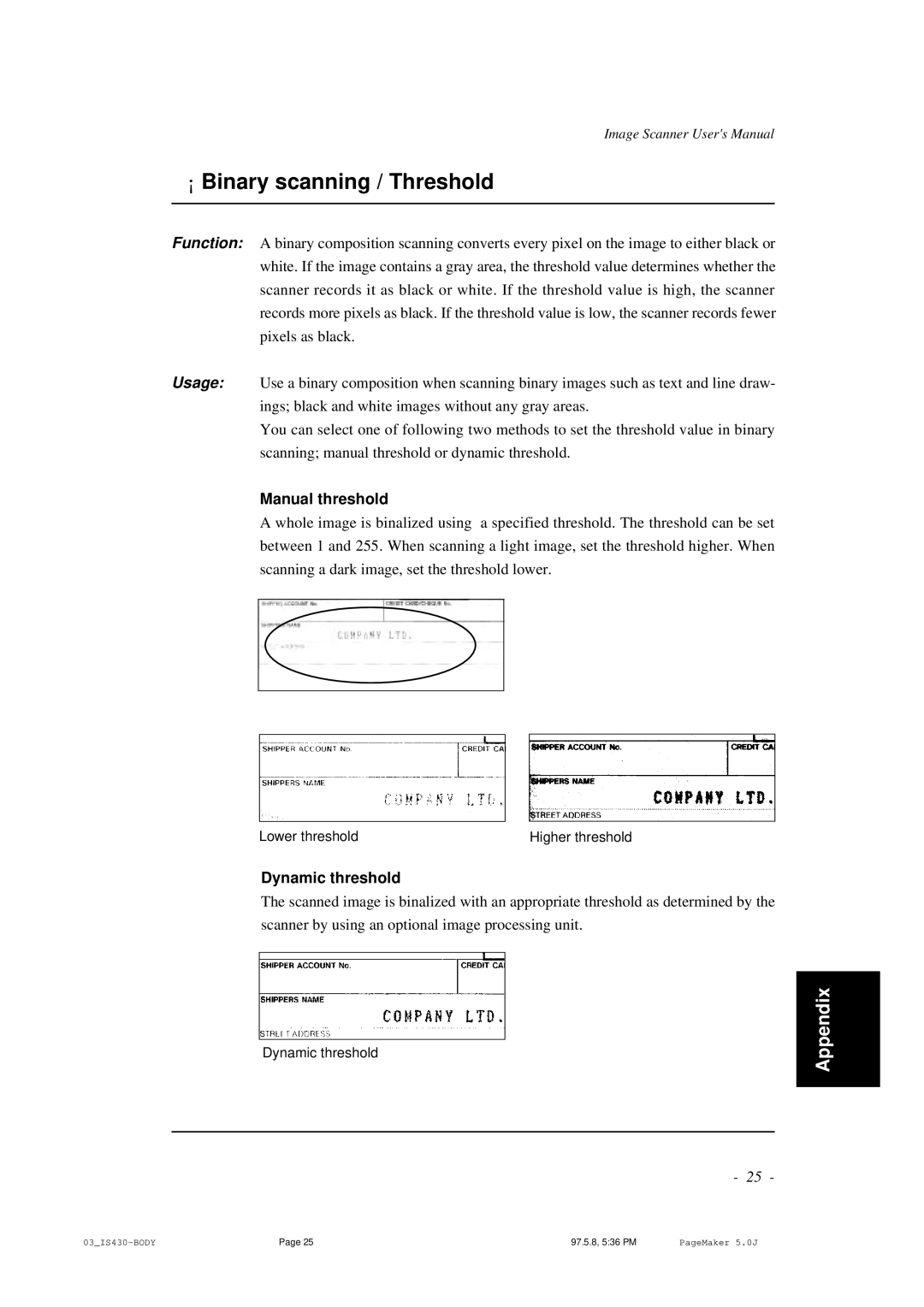 BellSouth S02294A user manual ¡ Binary scanning / Threshold, Manual threshold, Dynamic threshold 