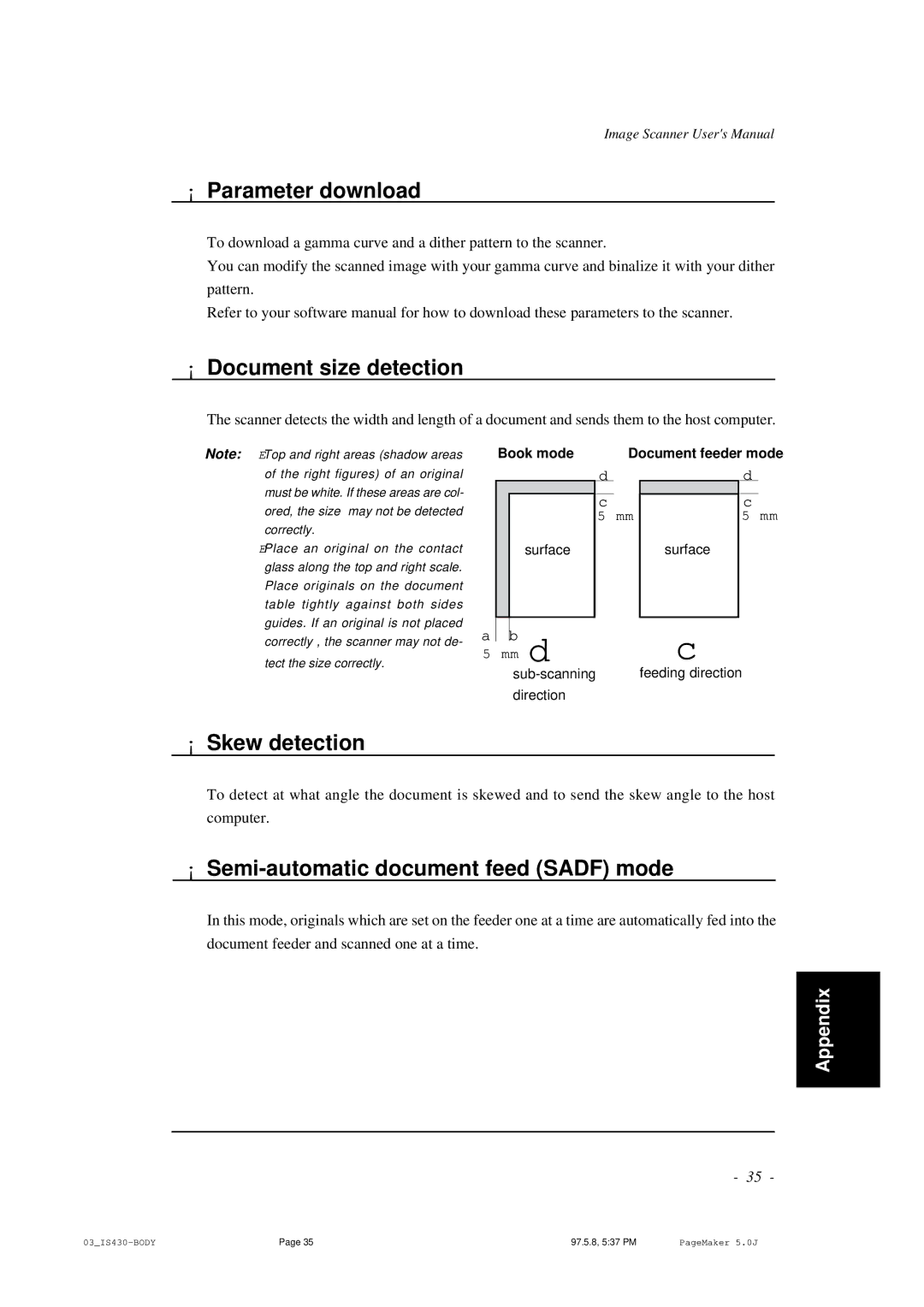 BellSouth S02294A ¡ Parameter download, ¡ Document size detection, ¡ Skew detection, Book mode Document feeder mode 