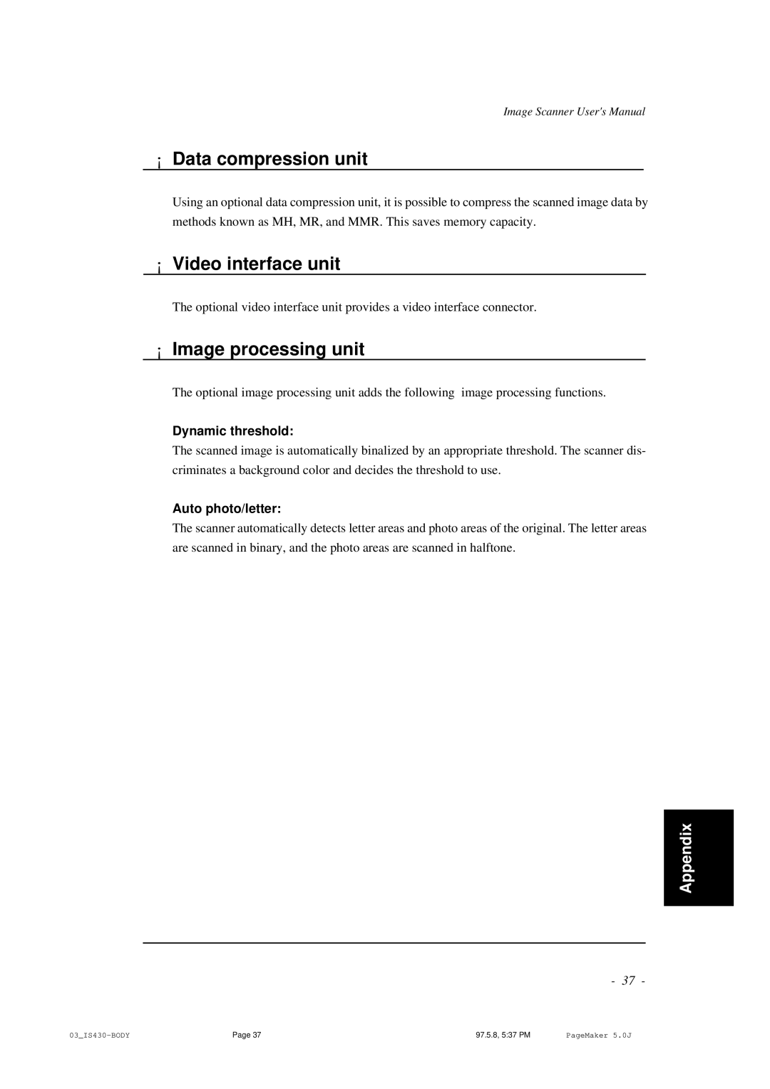 BellSouth S02294A user manual ¡ Data compression unit, ¡ Video interface unit, ¡ Image processing unit, Auto photo/letter 