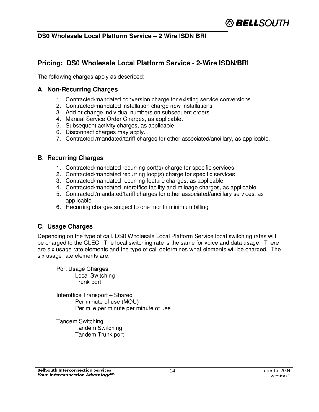 BellSouth Version 1 manual Non-Recurring Charges, Usage Charges 