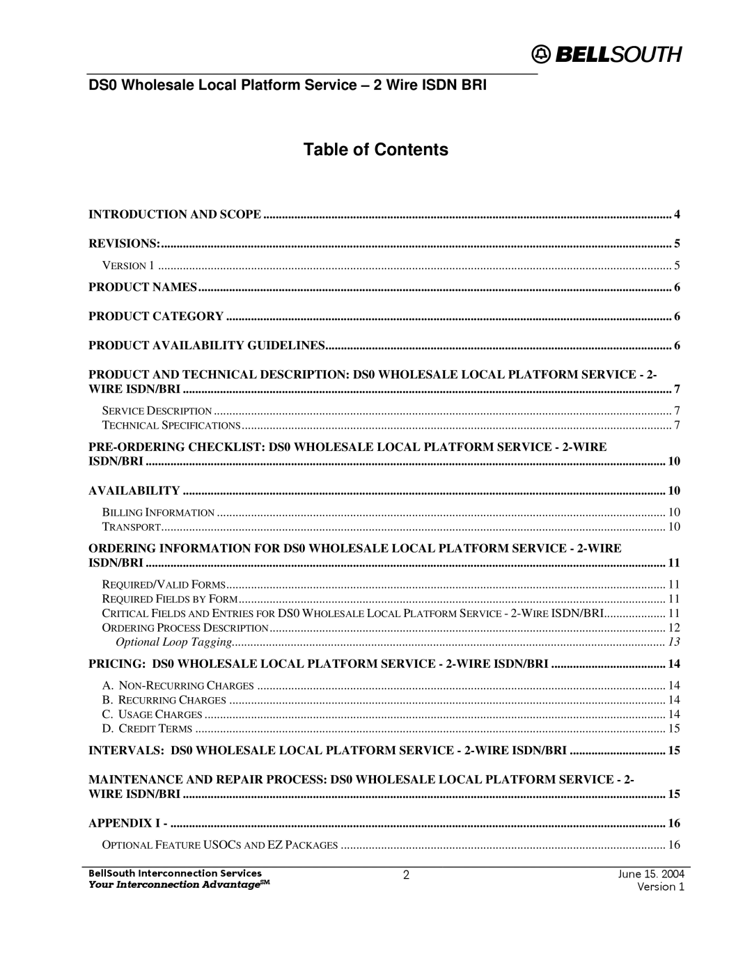 BellSouth Version 1 manual Table of Contents 