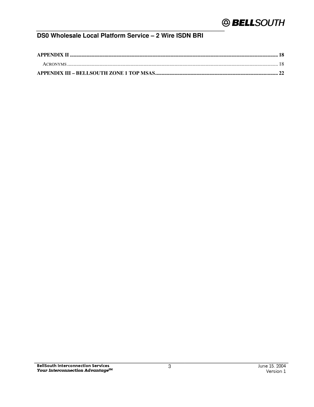 BellSouth Version 1 manual Appendix Cronyms Appendix III Bellsouth Zone 1 TOP Msas 