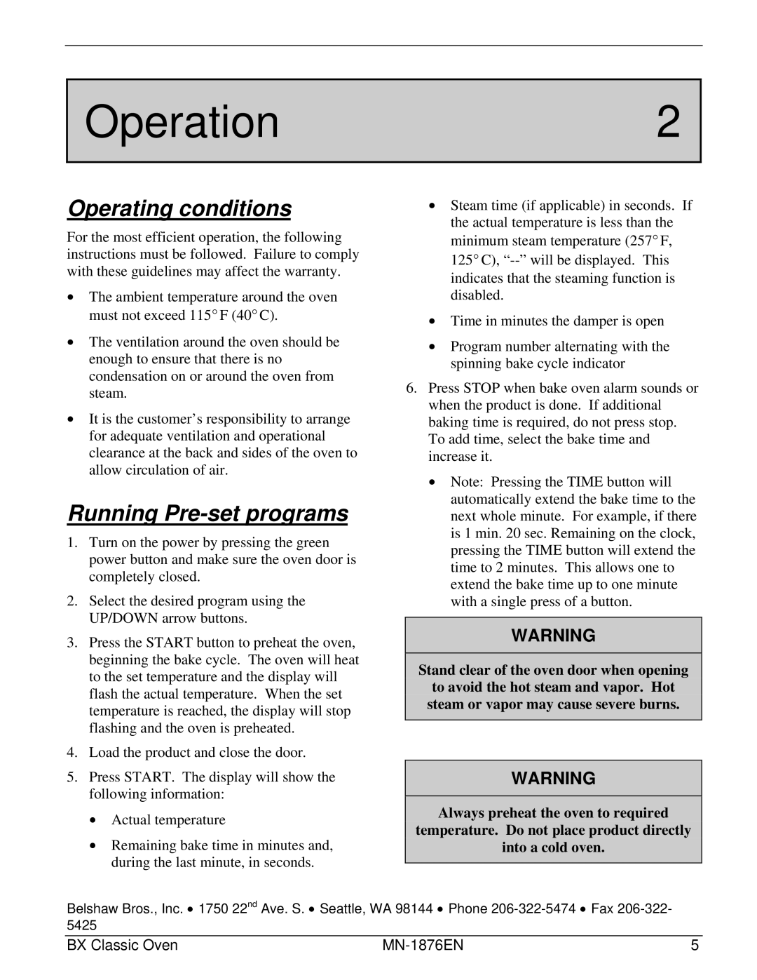 Belshaw Brothers 4-Tray, 10-Tray, BX Classic manual Operation2, Operating conditions, Running Pre-set programs 