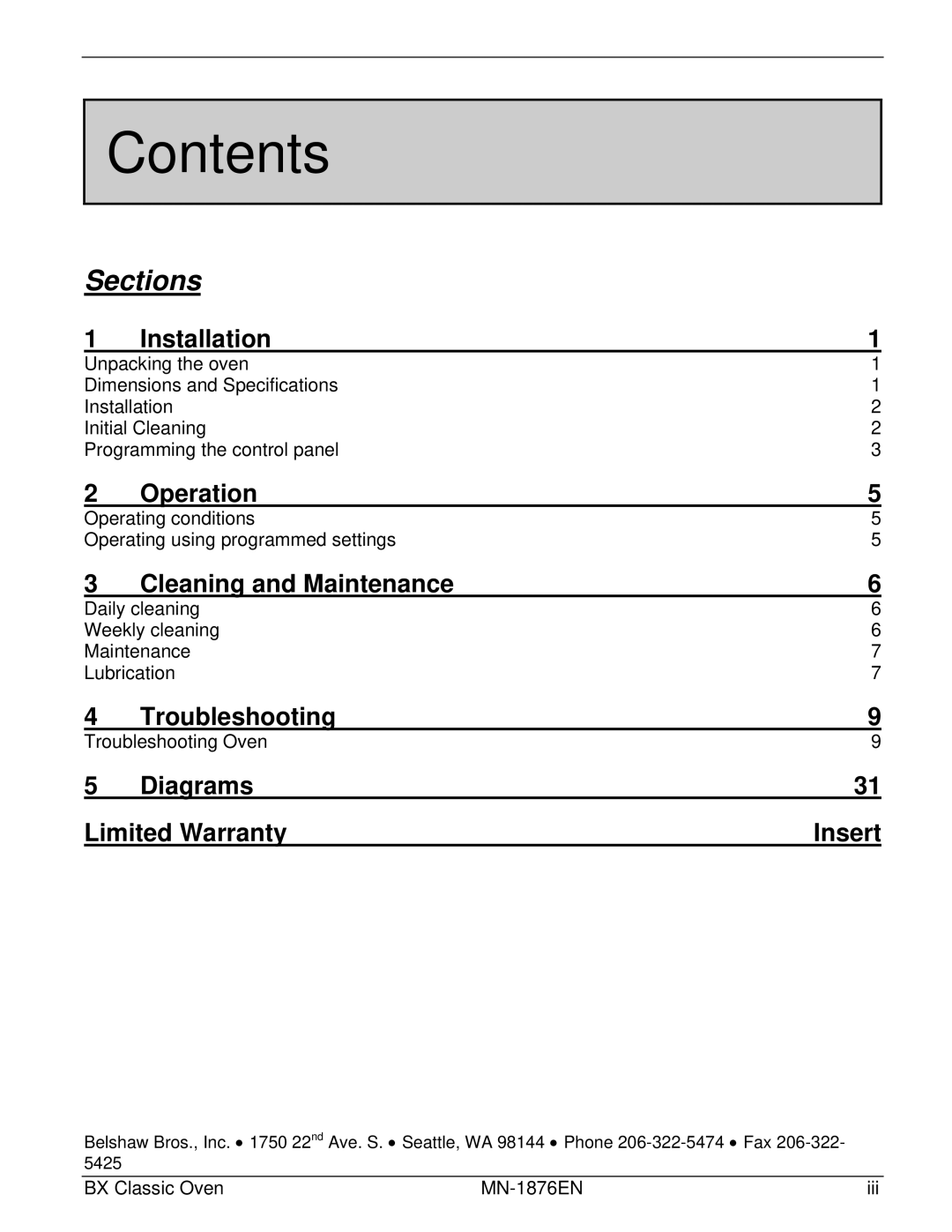 Belshaw Brothers 4-Tray, 10-Tray, BX Classic manual Contents 