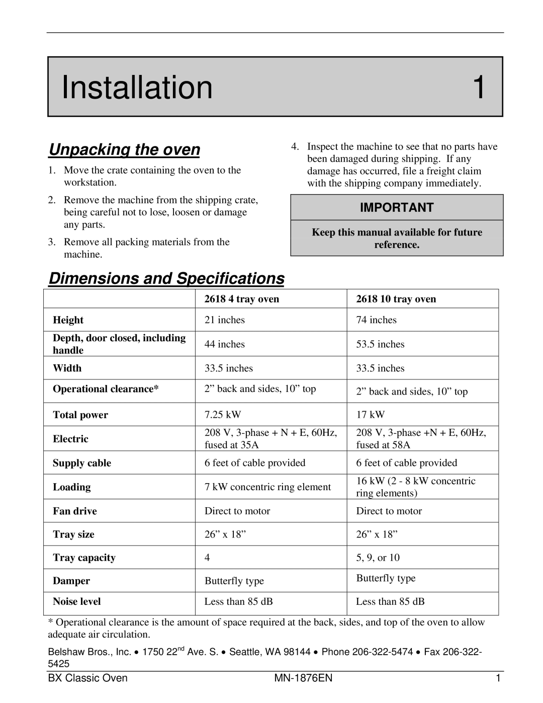 Belshaw Brothers BX Classic, 10-Tray, 4-Tray manual Installation1, Unpacking the oven, Dimensions and Specifications 