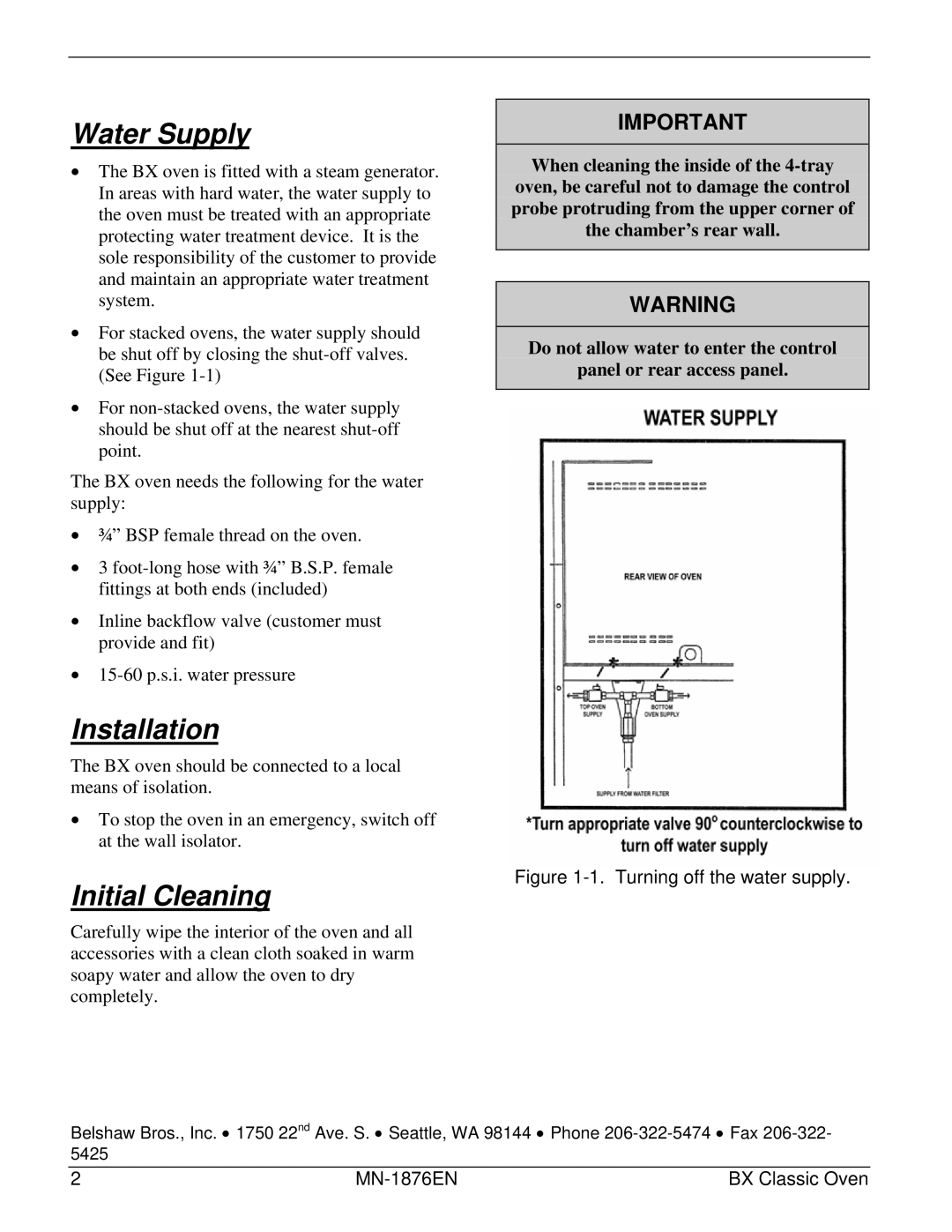 Belshaw Brothers 4-Tray, 10-Tray, BX Classic manual Water Supply, Installation, Initial Cleaning 