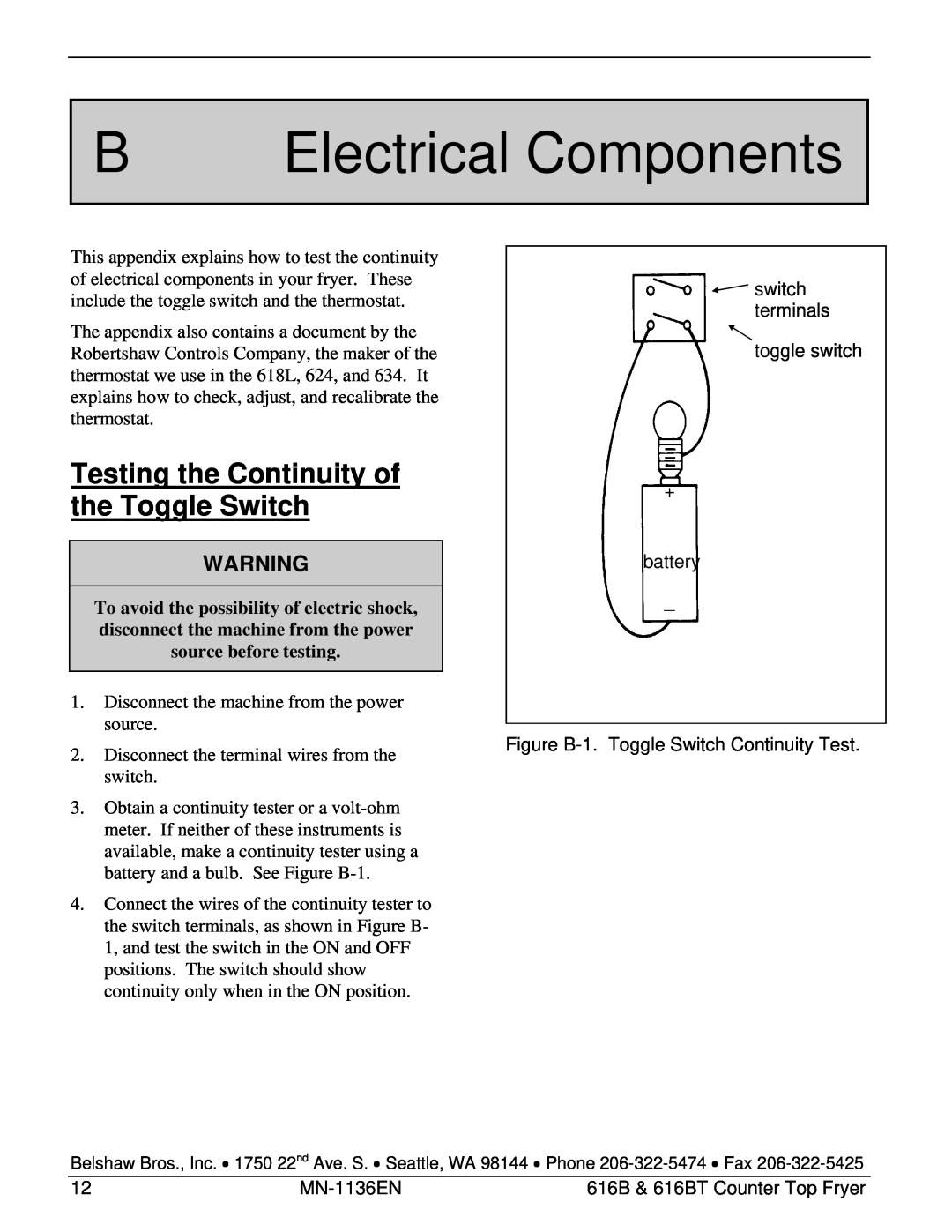 Belshaw Brothers 616BT manual B Electrical Components, Testing the Continuity of the Toggle Switch 