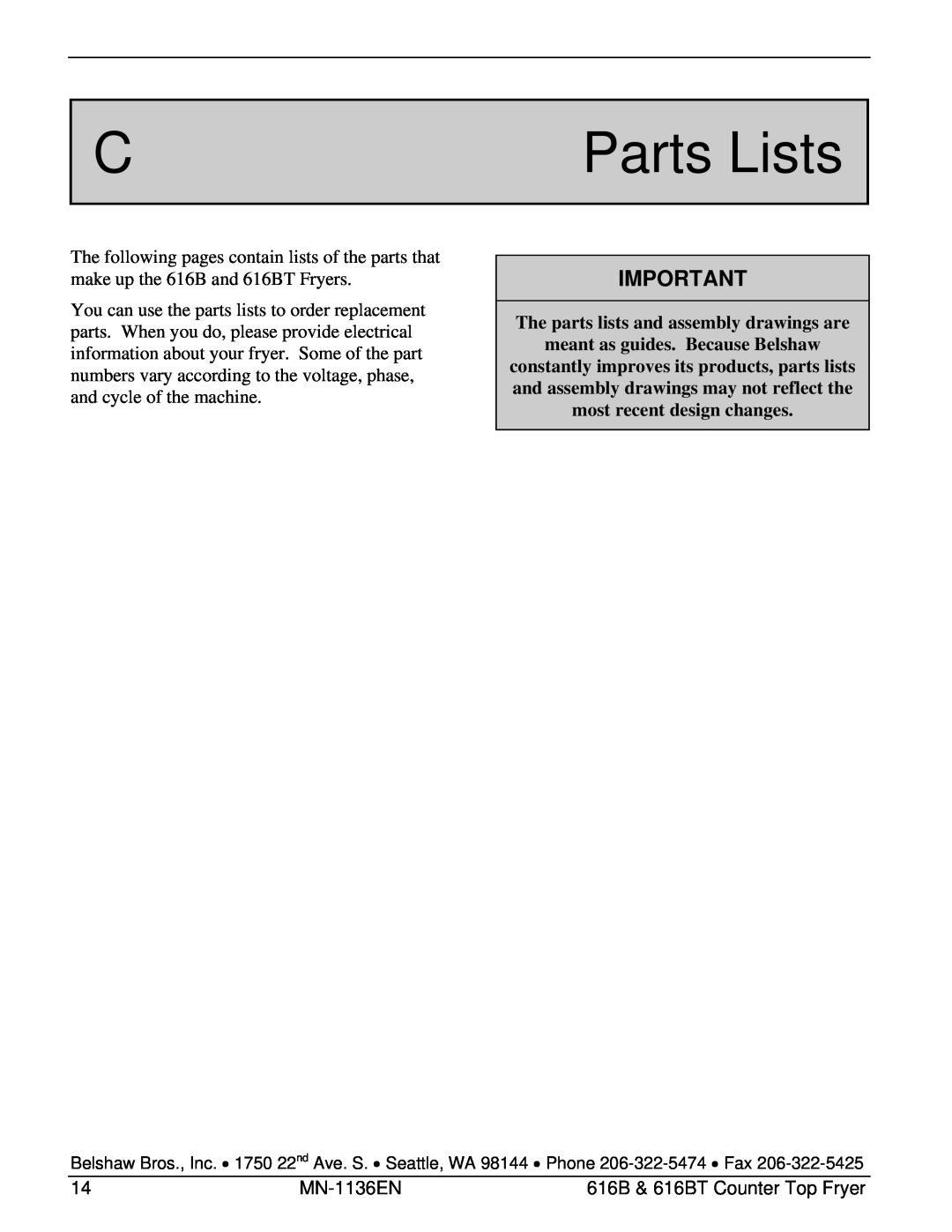 Belshaw Brothers 616BT manual Parts Lists 