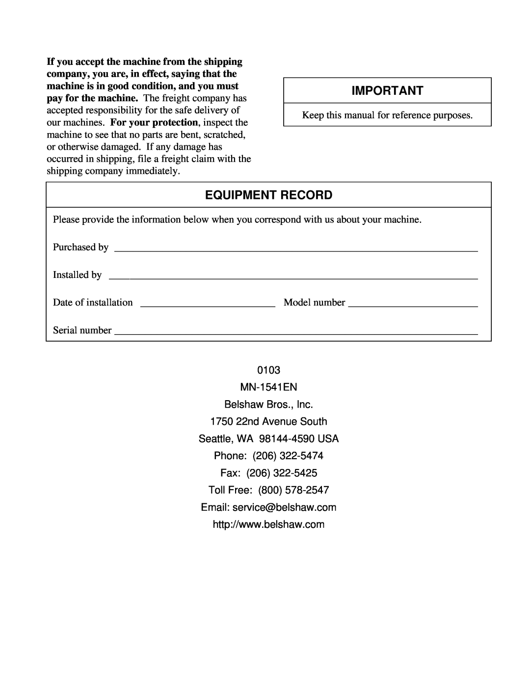 Belshaw Brothers 616BT manual Equipment Record, 0103 MN-1541EN Belshaw Bros., Inc 1750 22nd Avenue South 