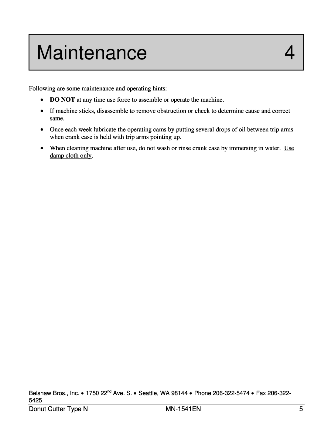 Belshaw Brothers 616BT manual Maintenance4 