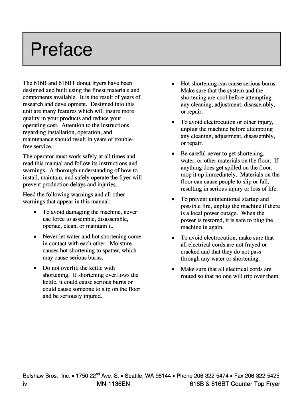 Belshaw Brothers 616BT manual Preface 