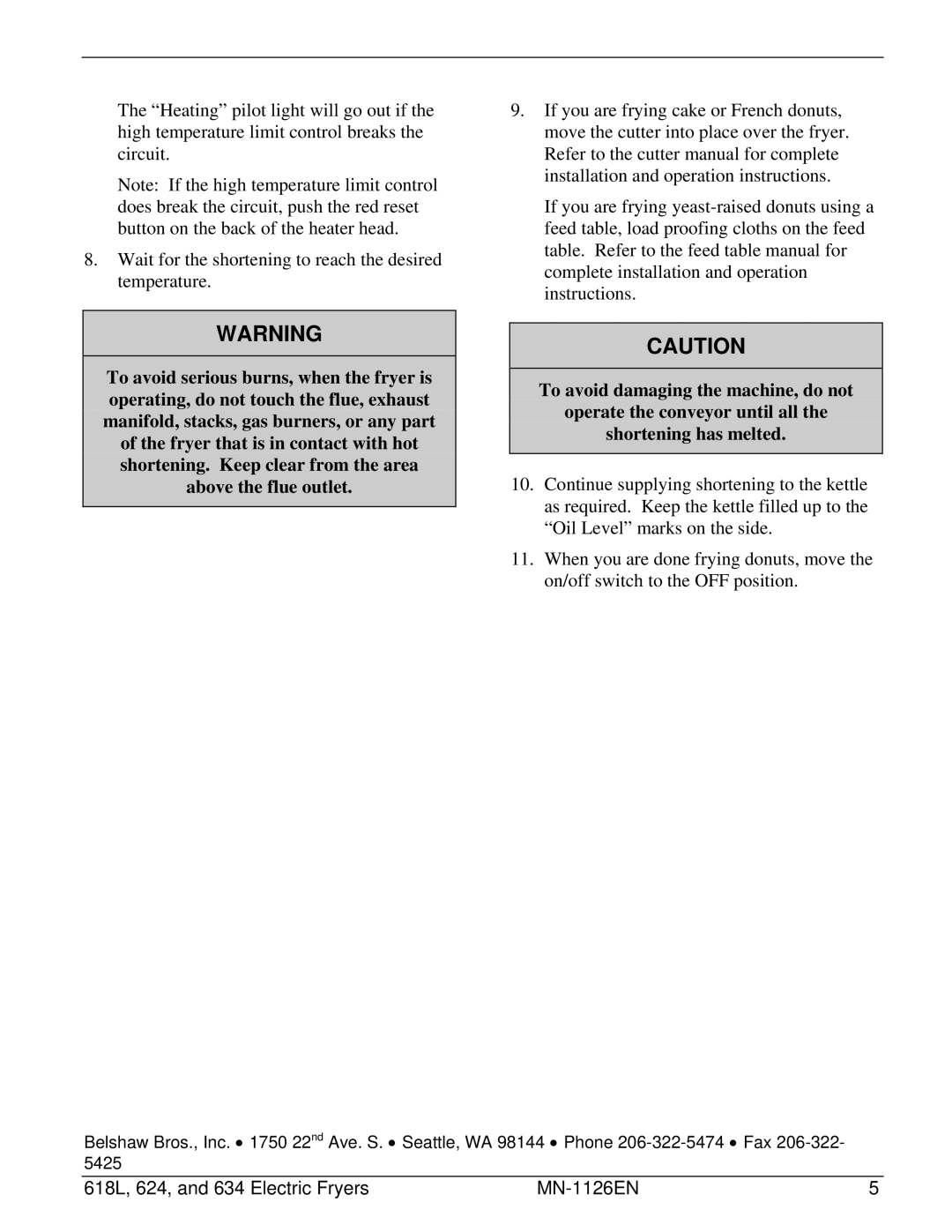 Belshaw Brothers manual 618L, 624, and 634 Electric Fryers MN-1126EN 