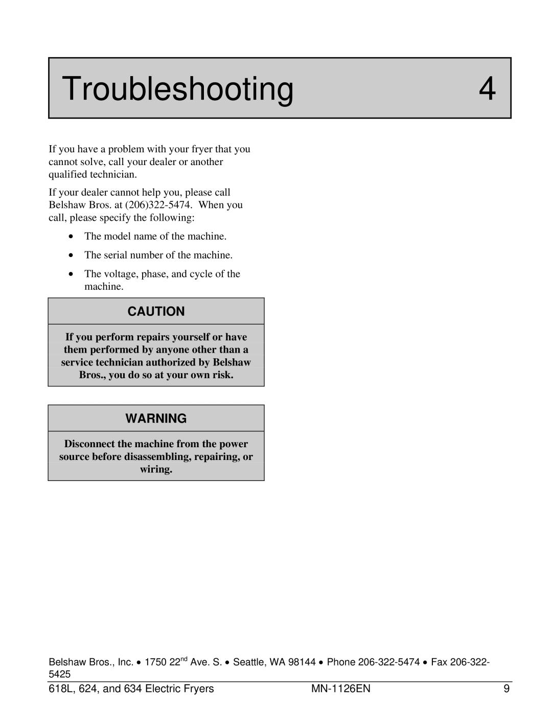 Belshaw Brothers 634, 618L, 624 manual Troubleshooting4 