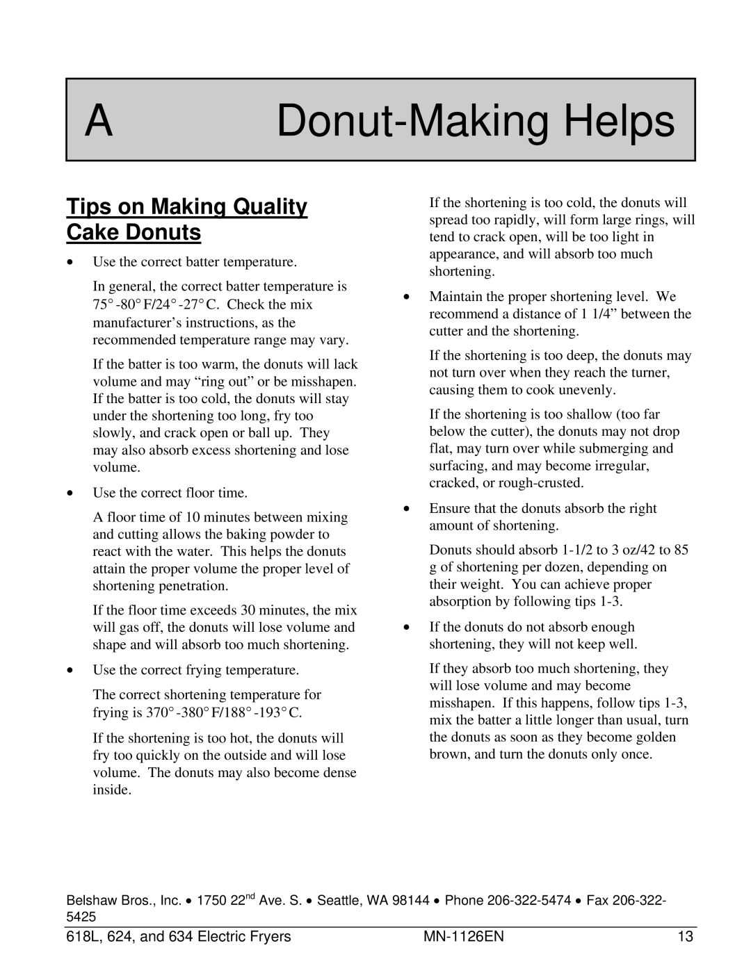 Belshaw Brothers 618L, 624, 634 manual Donut-Making Helps, Tips on Making Quality Cake Donuts 