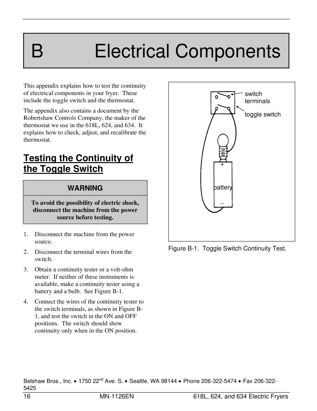 Belshaw Brothers 618L, 624, 634 manual Electrical Components, Testing the Continuity of the Toggle Switch 