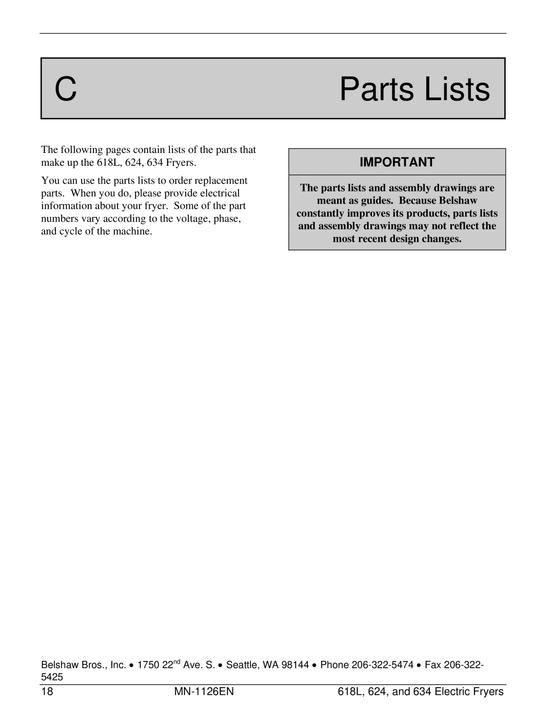 Belshaw Brothers 634, 618L, 624 manual Parts Lists 