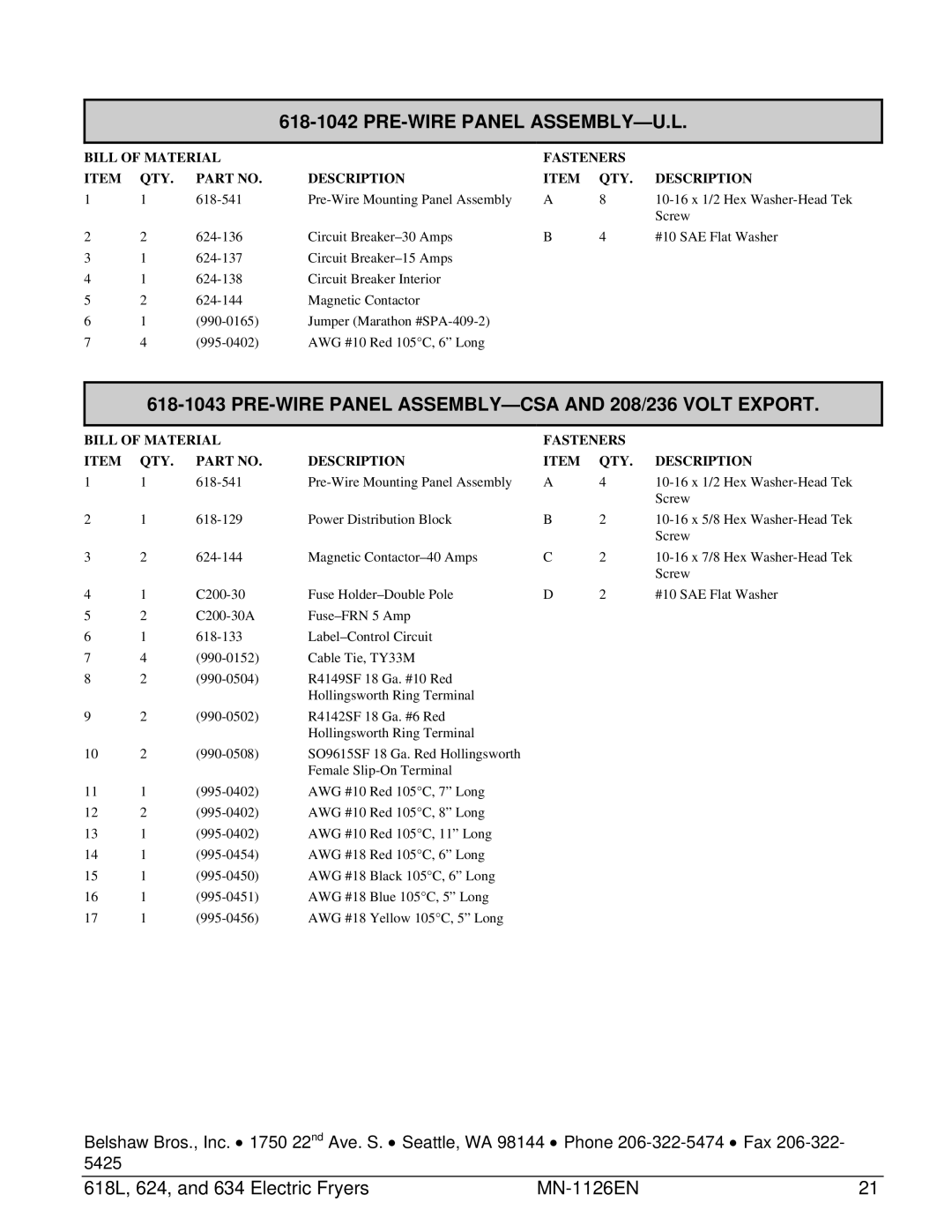 Belshaw Brothers 634, 618L, 624 manual PRE-WIRE Panel ASSEMBLY-U.L 