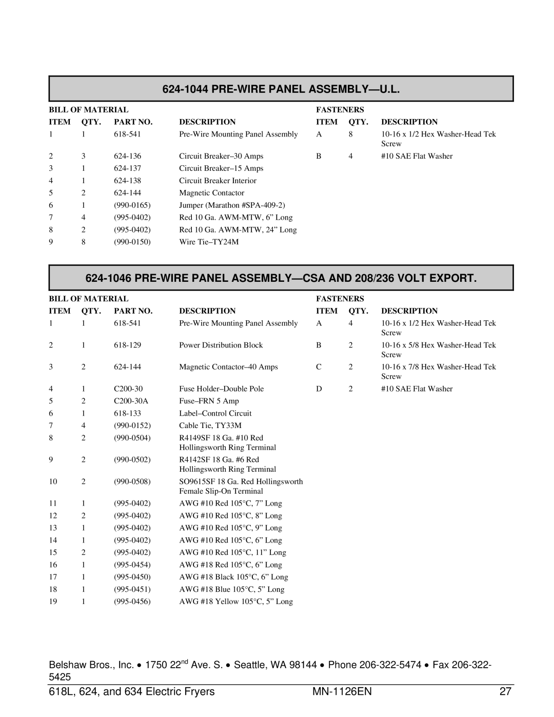 Belshaw Brothers 634, 618L, 624 manual PRE-WIRE Panel ASSEMBLY-U.L 