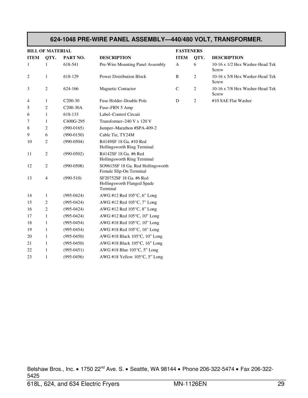 Belshaw Brothers 624, 618L, 634 manual PRE-WIRE Panel ASSEMBLY-440/480 VOLT, Transformer 