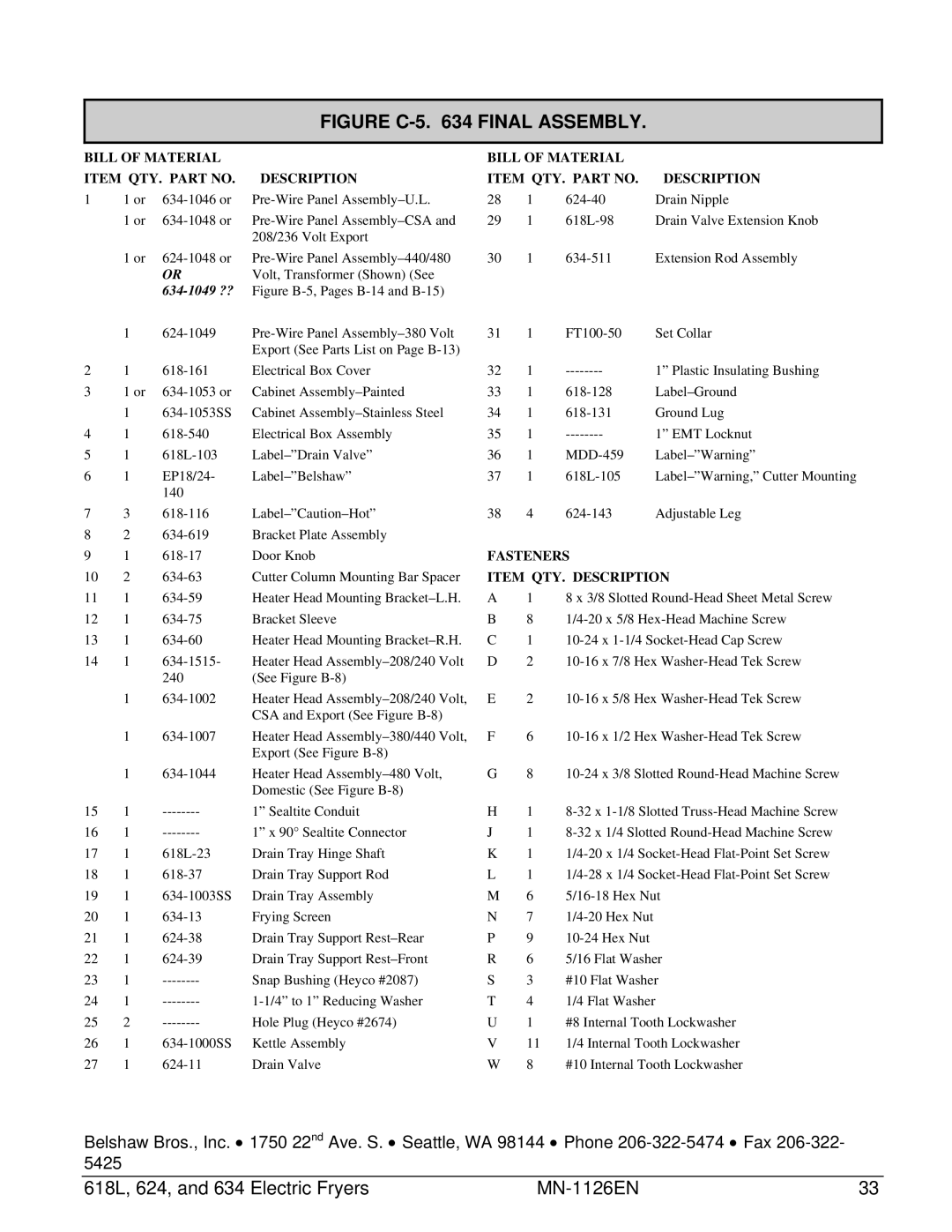 Belshaw Brothers 634, 618L, 624 manual Figure C-5 Final Assembly 