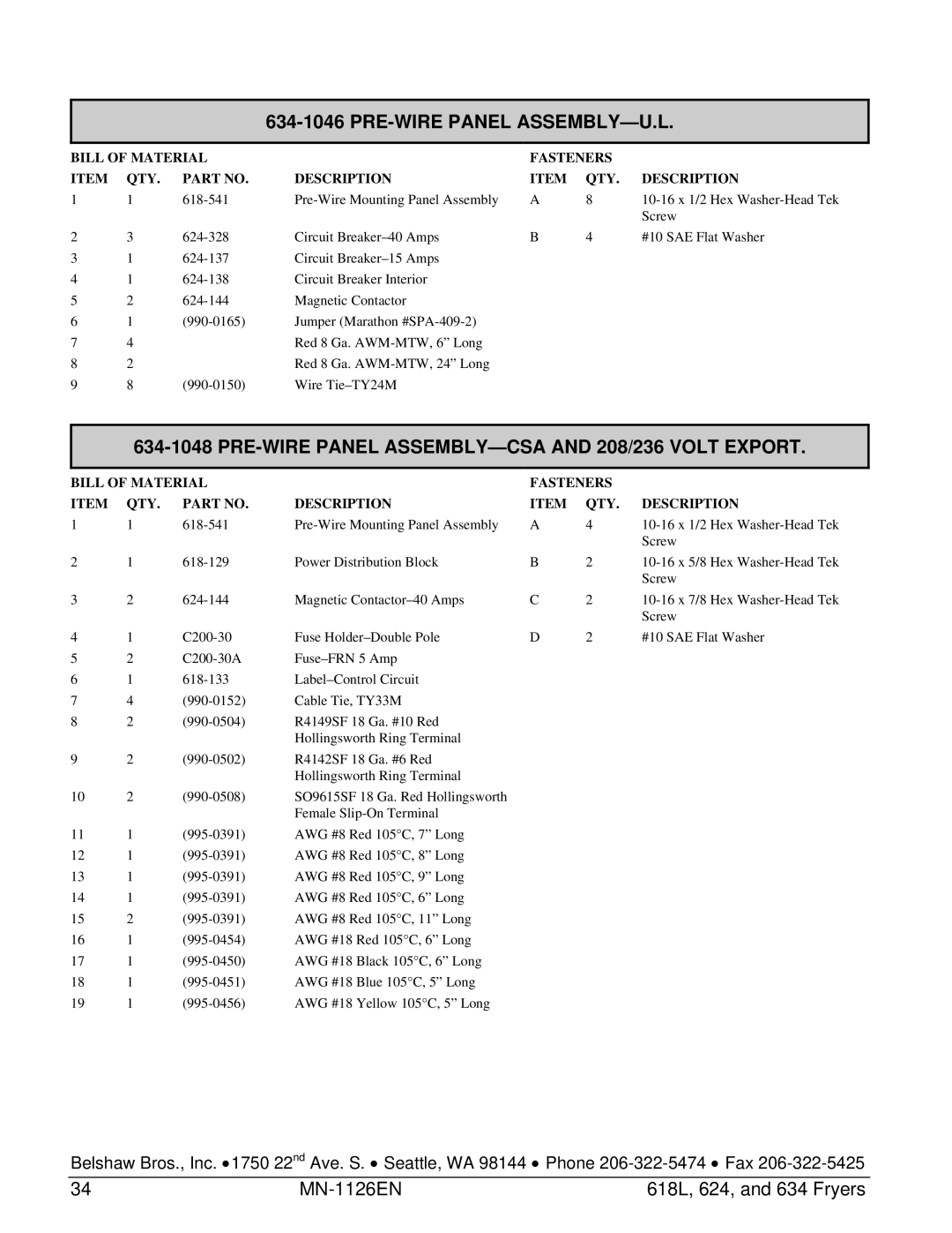 Belshaw Brothers 618L, 624, 634 manual PRE-WIRE Panel ASSEMBLY-U.L 