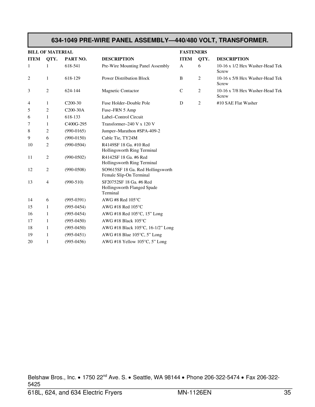 Belshaw Brothers 624, 618L, 634 manual PRE-WIRE Panel ASSEMBLY-440/480 VOLT, Transformer 
