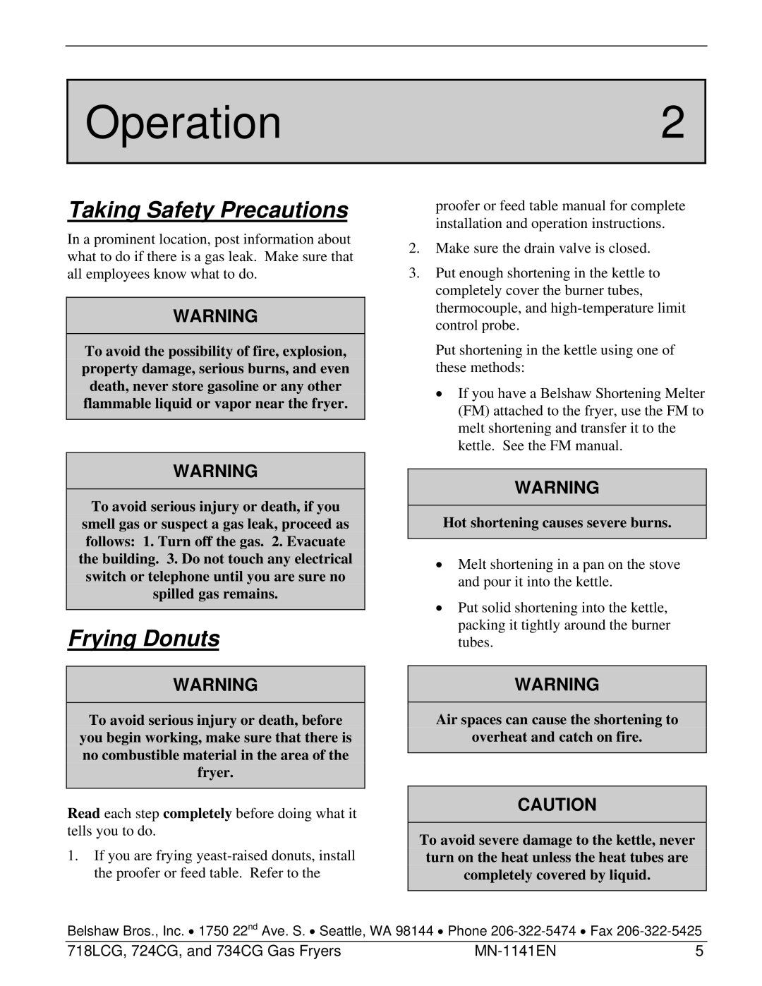 Belshaw Brothers 718LCG, and 734CG, 724CG manual Operation2, Taking Safety Precautions, Frying Donuts 