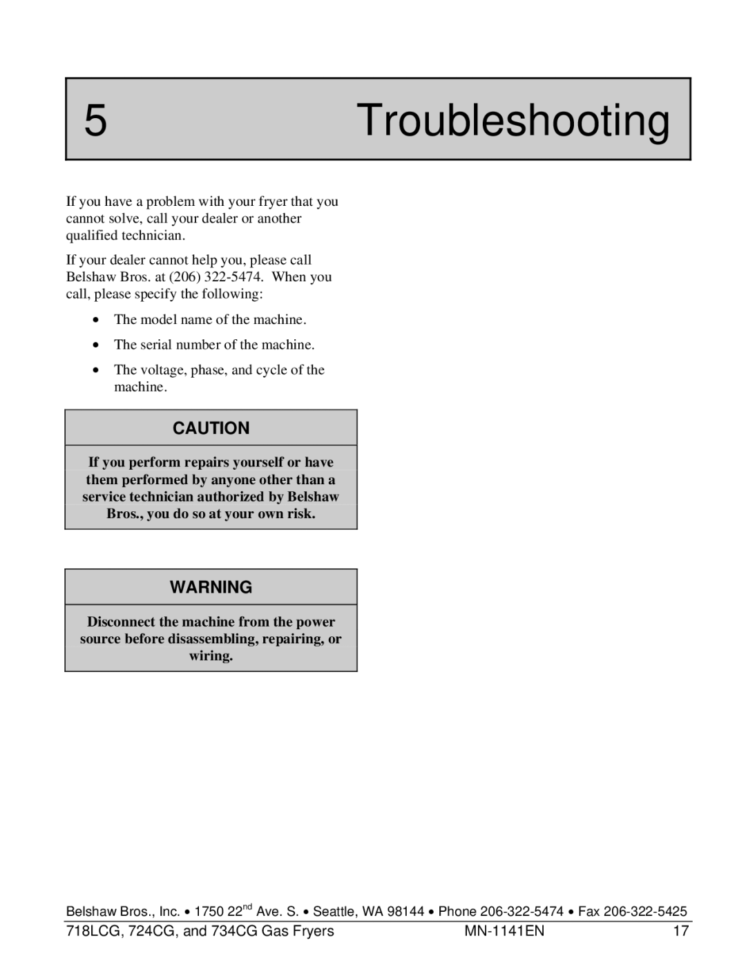 Belshaw Brothers 718LCG, and 734CG, 724CG manual 5Troubleshooting 