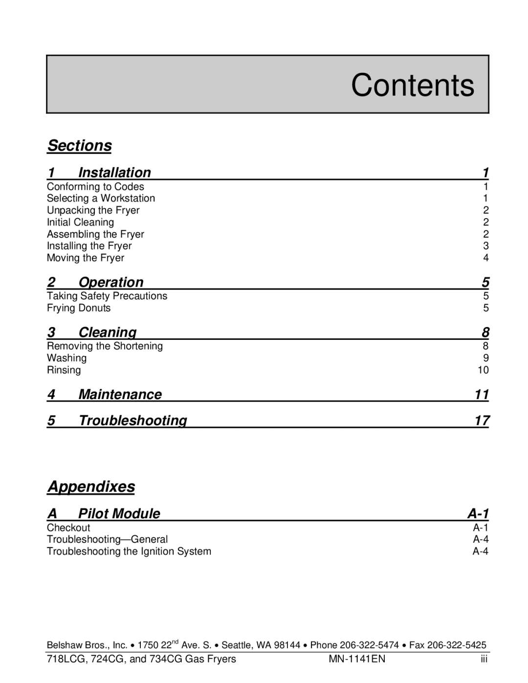 Belshaw Brothers and 734CG, 724CG, 718LCG manual Contents 