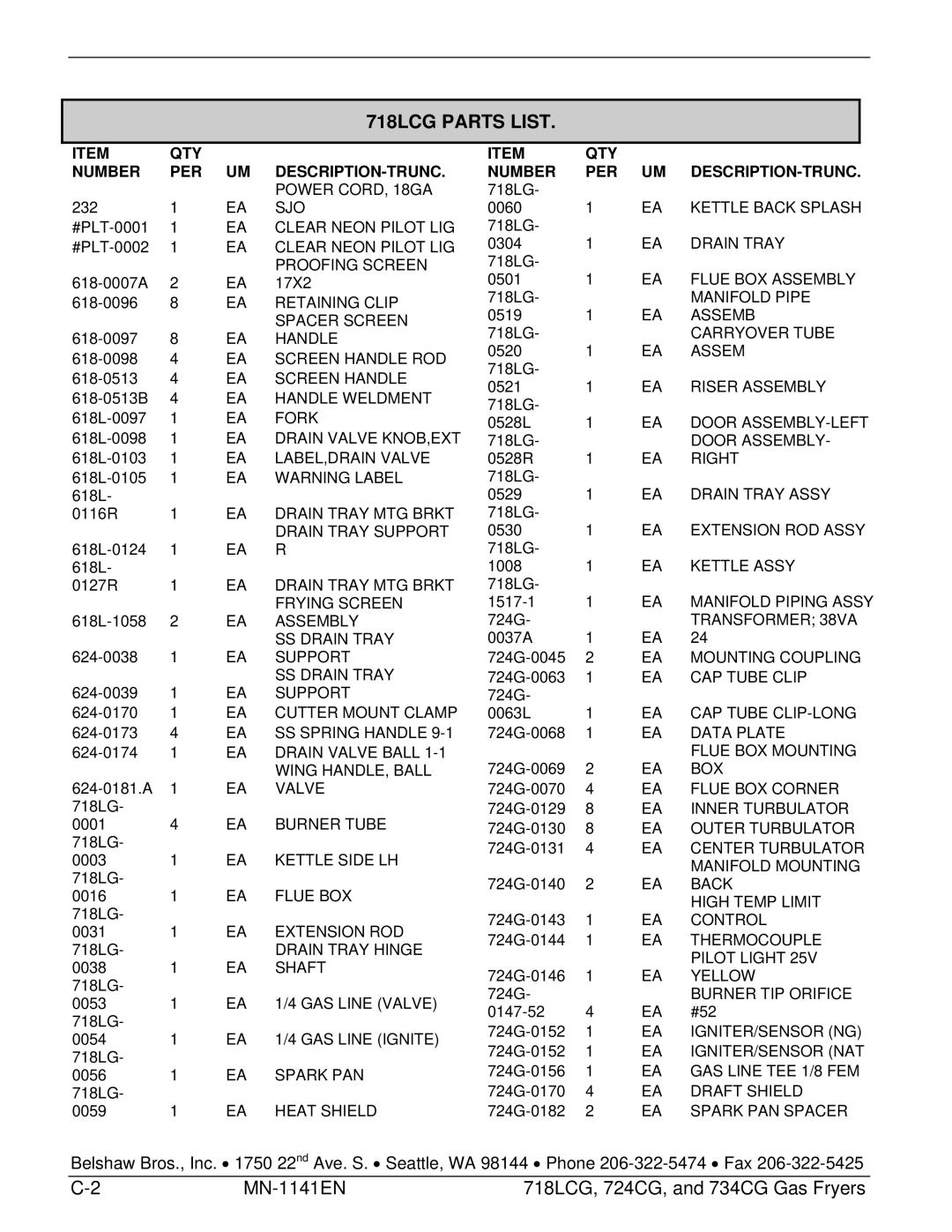 Belshaw Brothers 724CG, and 734CG manual 718LCG Parts List 