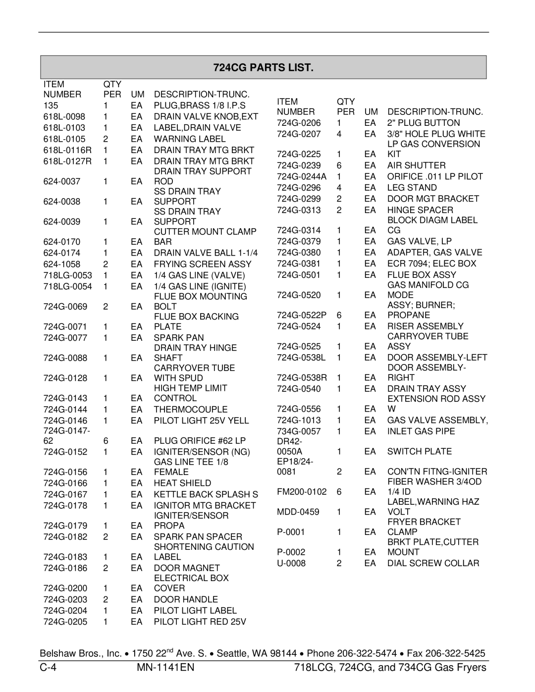 Belshaw Brothers and 734CG, 718LCG manual 724CG Parts List 