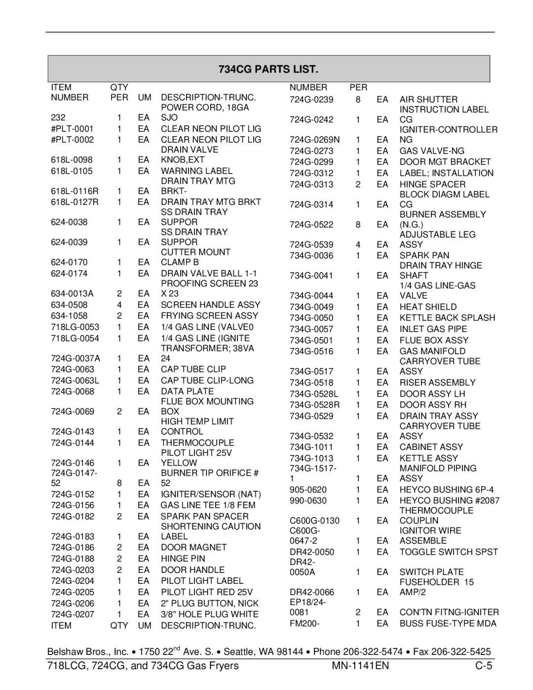 Belshaw Brothers 724CG, and 734CG, 718LCG manual 734CG Parts List 