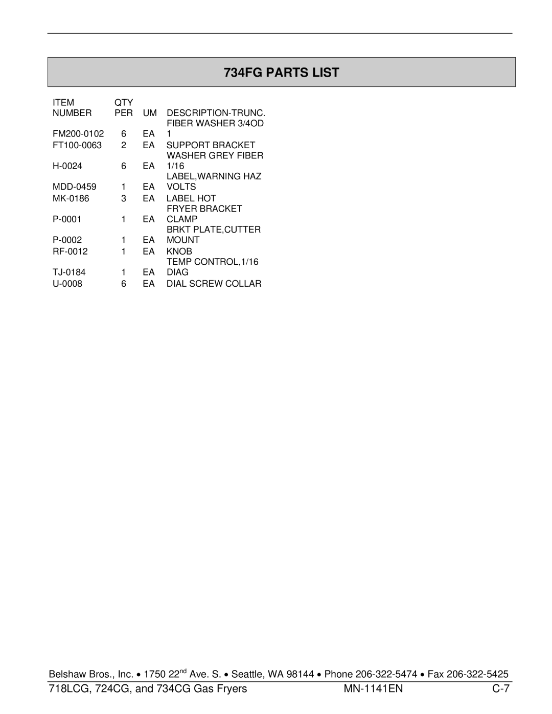 Belshaw Brothers and 734CG, 724CG, 718LCG manual 734FG Parts List 