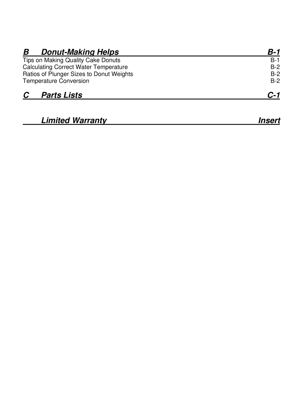 Belshaw Brothers 724CG, and 734CG, 718LCG manual Donut-Making Helps, Parts Lists Limited Warranty Insert 