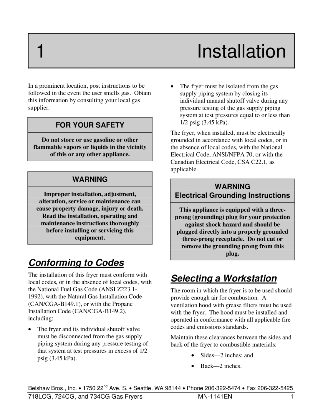 Belshaw Brothers 724CG, and 734CG, 718LCG manual 1Installation, Conforming to Codes, Selecting a Workstation 