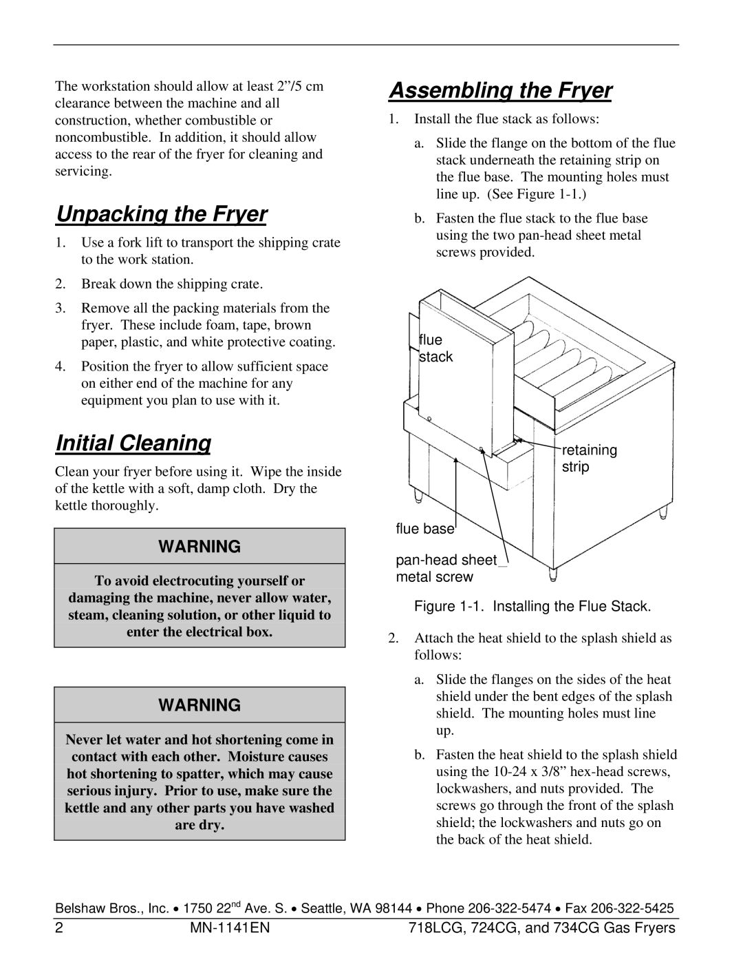 Belshaw Brothers 718LCG, and 734CG, 724CG manual Unpacking the Fryer, Initial Cleaning, Assembling the Fryer 