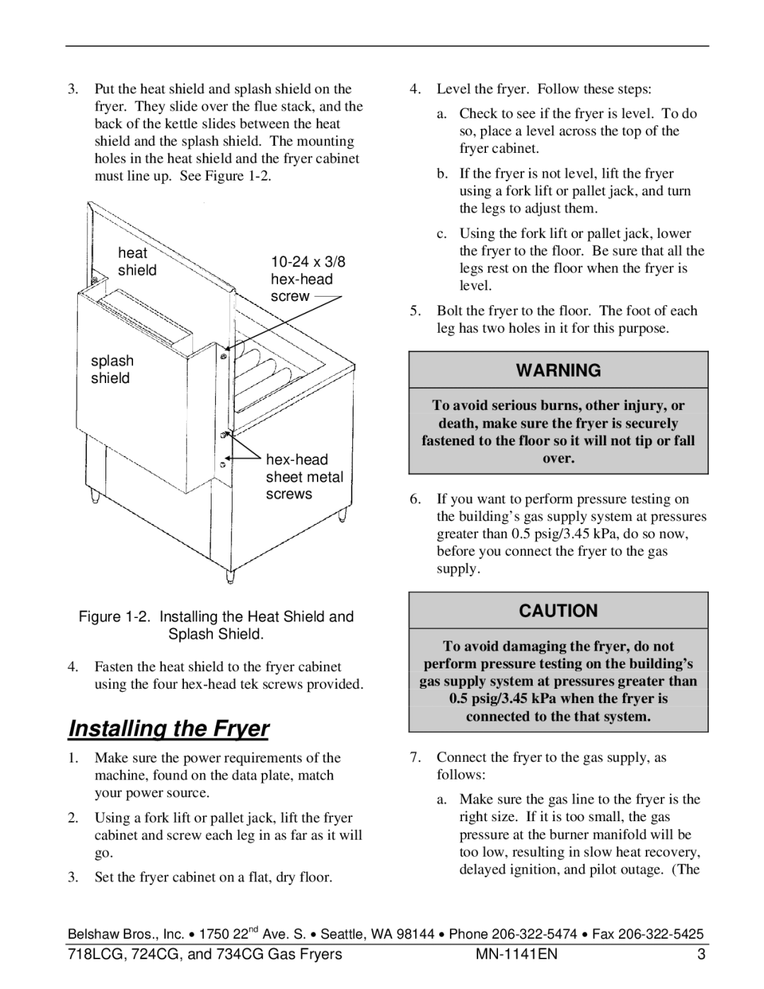Belshaw Brothers and 734CG, 724CG, 718LCG manual Installing the Fryer, Installing the Heat Shield Splash Shield 