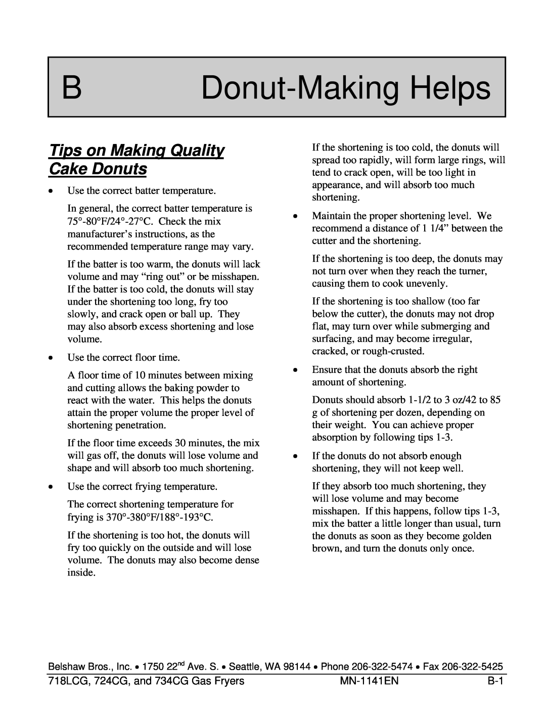 Belshaw Brothers 724CG, and 734CG, 718LCG manual B Donut-Making Helps, Tips on Making Quality Cake Donuts 