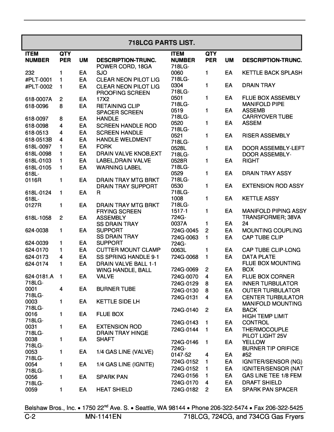 Belshaw Brothers manual 718LCG PARTS LIST, MN-1141EN, 718LCG, 724CG, and 734CG Gas Fryers, Number, Description-Trunc 