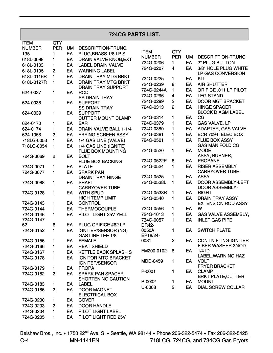 Belshaw Brothers manual 724CG PARTS LIST, MN-1141EN, 718LCG, 724CG, and 734CG Gas Fryers, Gas Valve Assembly 