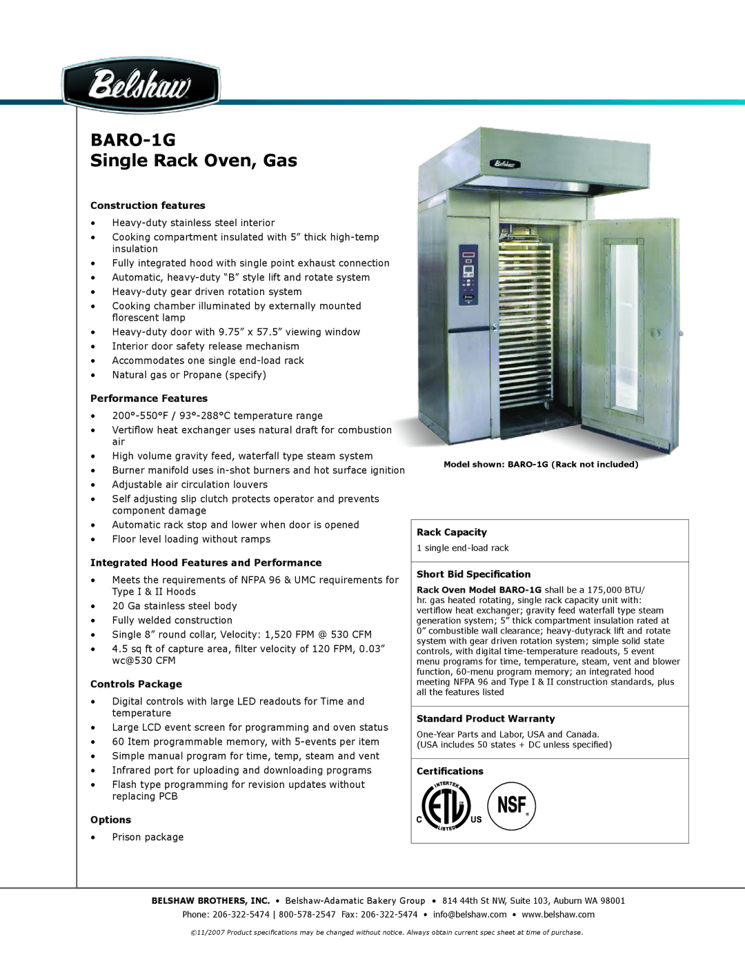 Belshaw Brothers BARO-1G warranty Construction features, Performance Features, Integrated Hood Features and Performance 