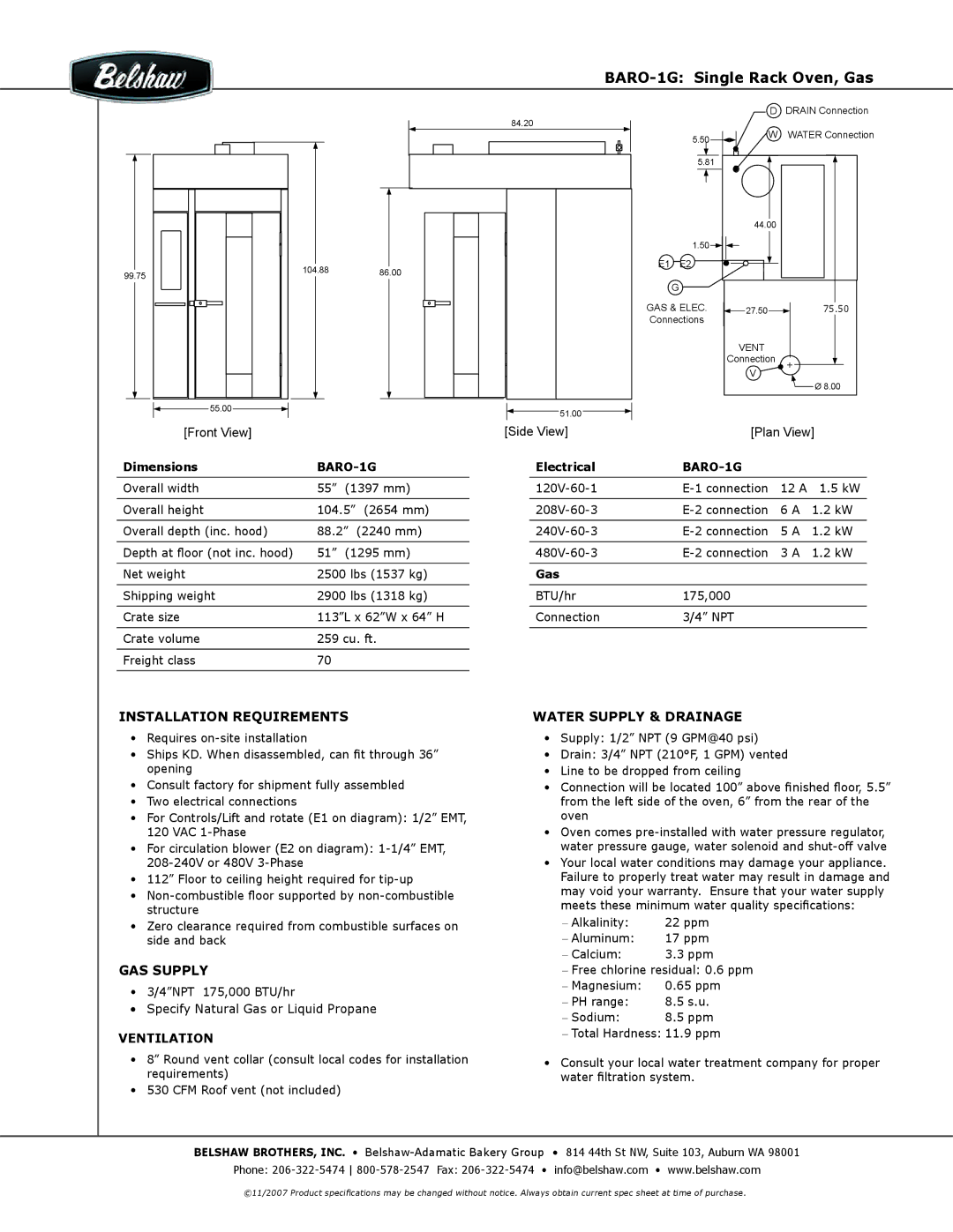 Belshaw Brothers BARO-1G warranty Installation REQUIREMENTs, Gas supply, Water Supply & drainage 