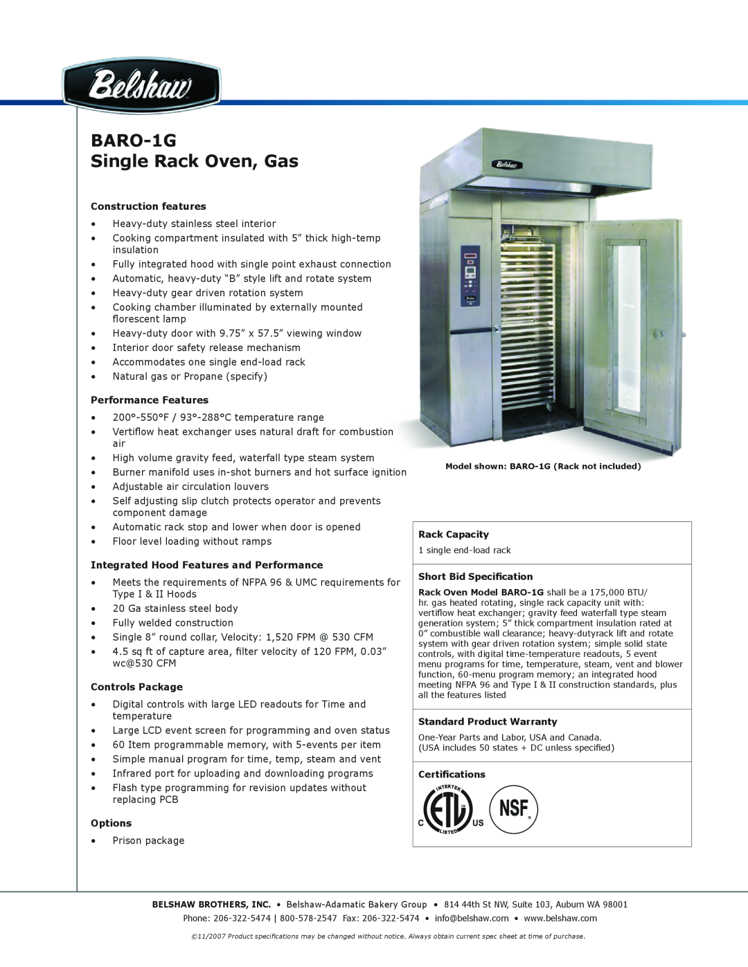 Belshaw Brothers BARO-1G warranty Construction features, Performance Features, Integrated Hood Features and Performance 